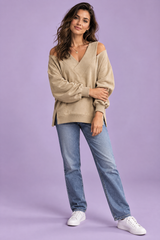 Khaki Cold-Shoulder V-Neck Top