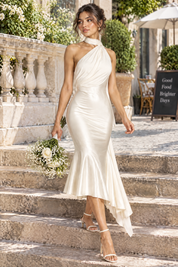Robe midi près du corps à encolure foulard blanc laiteux | Photo lifestyle | Lounelle Paris