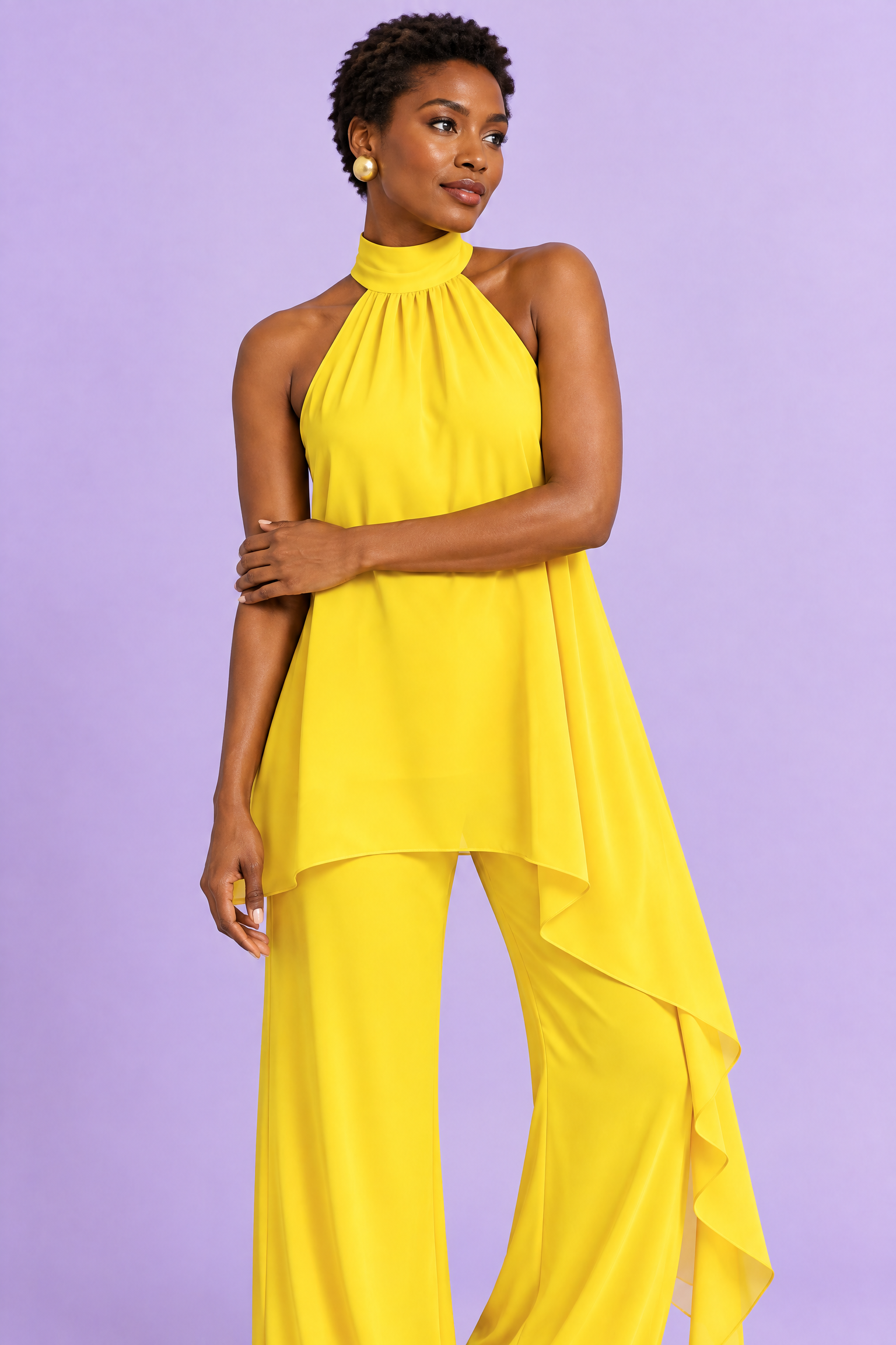 Ensemble pantalon fluide jaune sans manches | Vue rapprochée | Lounelle Paris