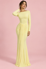 Robe longue jaune à encolure bateau et fronces | Vue de face | Lounelle Paris