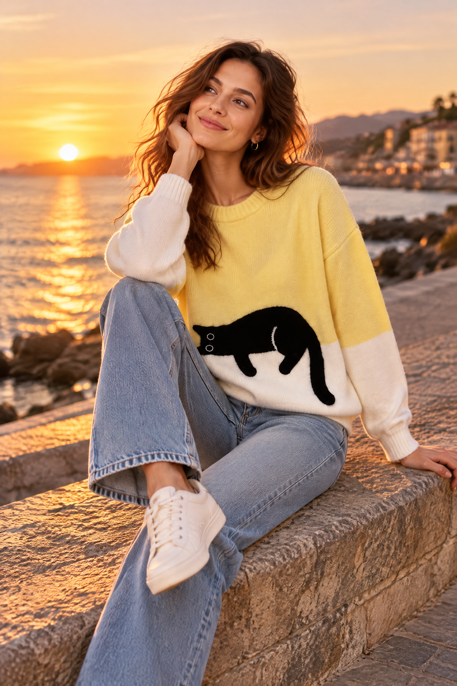 Pull oversize jaune à motif chat | Deuxième photo lifestyle | Lounelle Paris