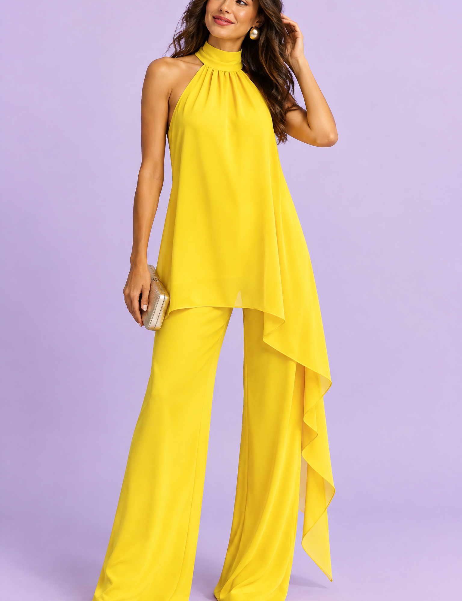 Ensemble pantalon fluide jaune sans manches | Vue de face | Lounelle Paris