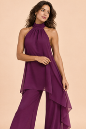 Ensemble pantalon fluide violet sans manches | Vue rapprochée | Lounelle Paris
