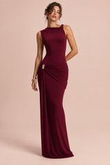 Dark Red Maxi Dress with Round Neck and Draping