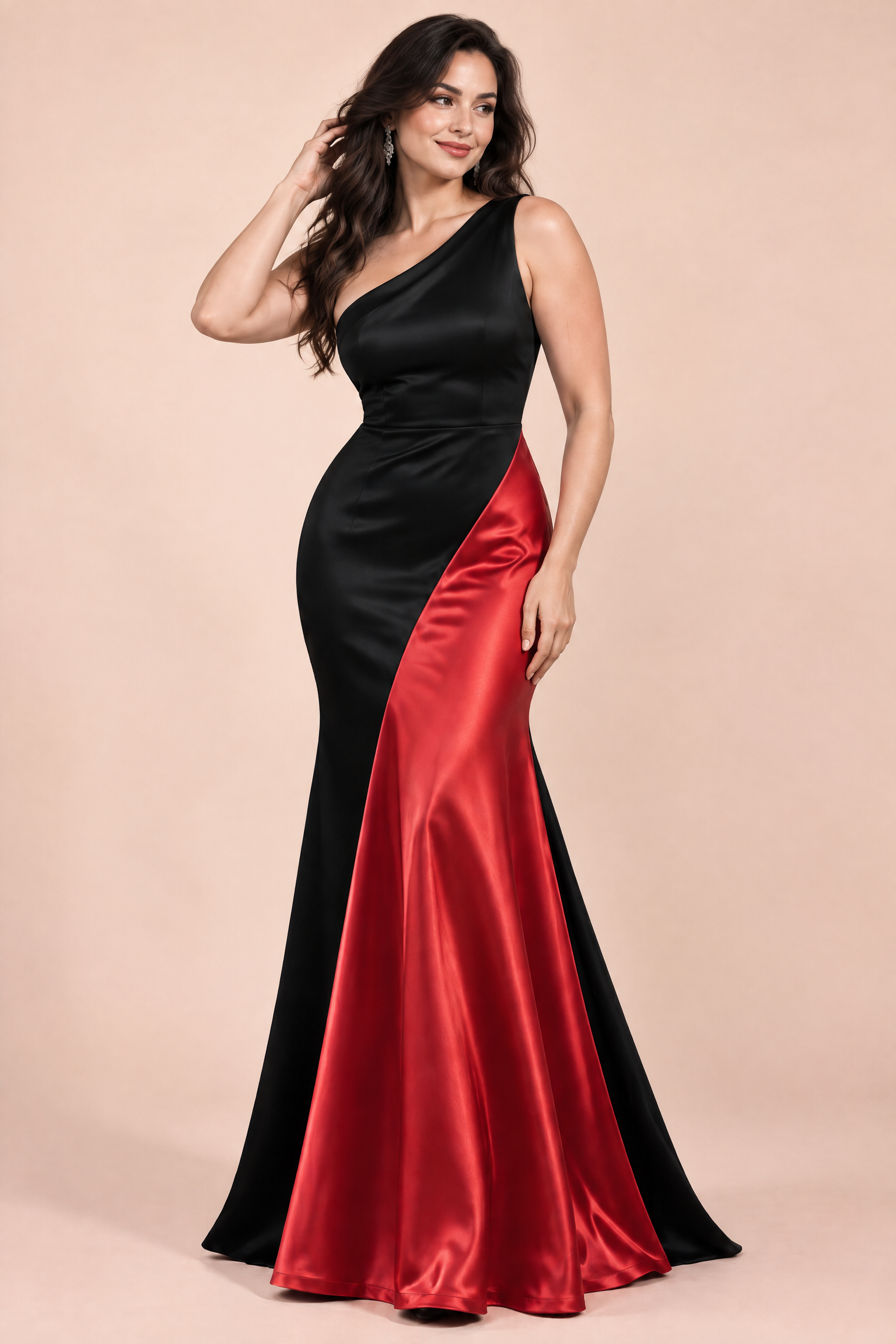 Robe longue noire et rouge à une épaule | Porté sur une autre silhouette | Lounelle Paris