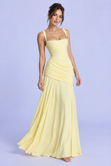 Light Yellow Ruched Square-Neck Fit-and-Flare Dress