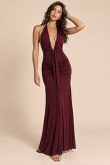 Burgundy Ruched Halter Maxi Dress