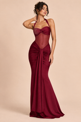 Burgundy Ruched Halter Maxi Dress