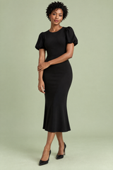 Black Puff-Sleeve Midi Dress