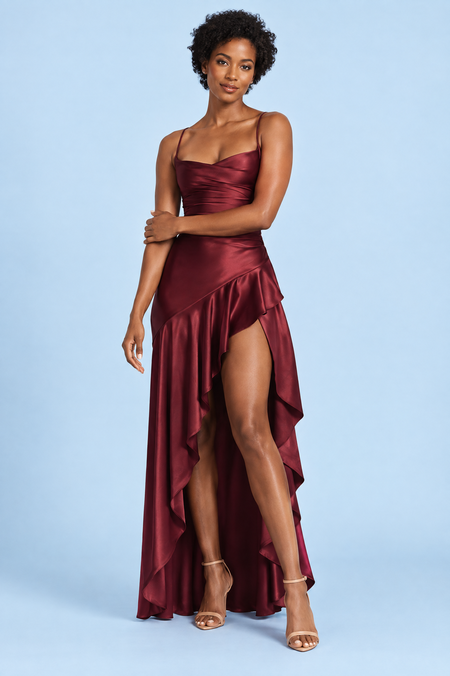 Robe asymétrique bordeaux à col bénitier | Vue de face | Lounelle Paris