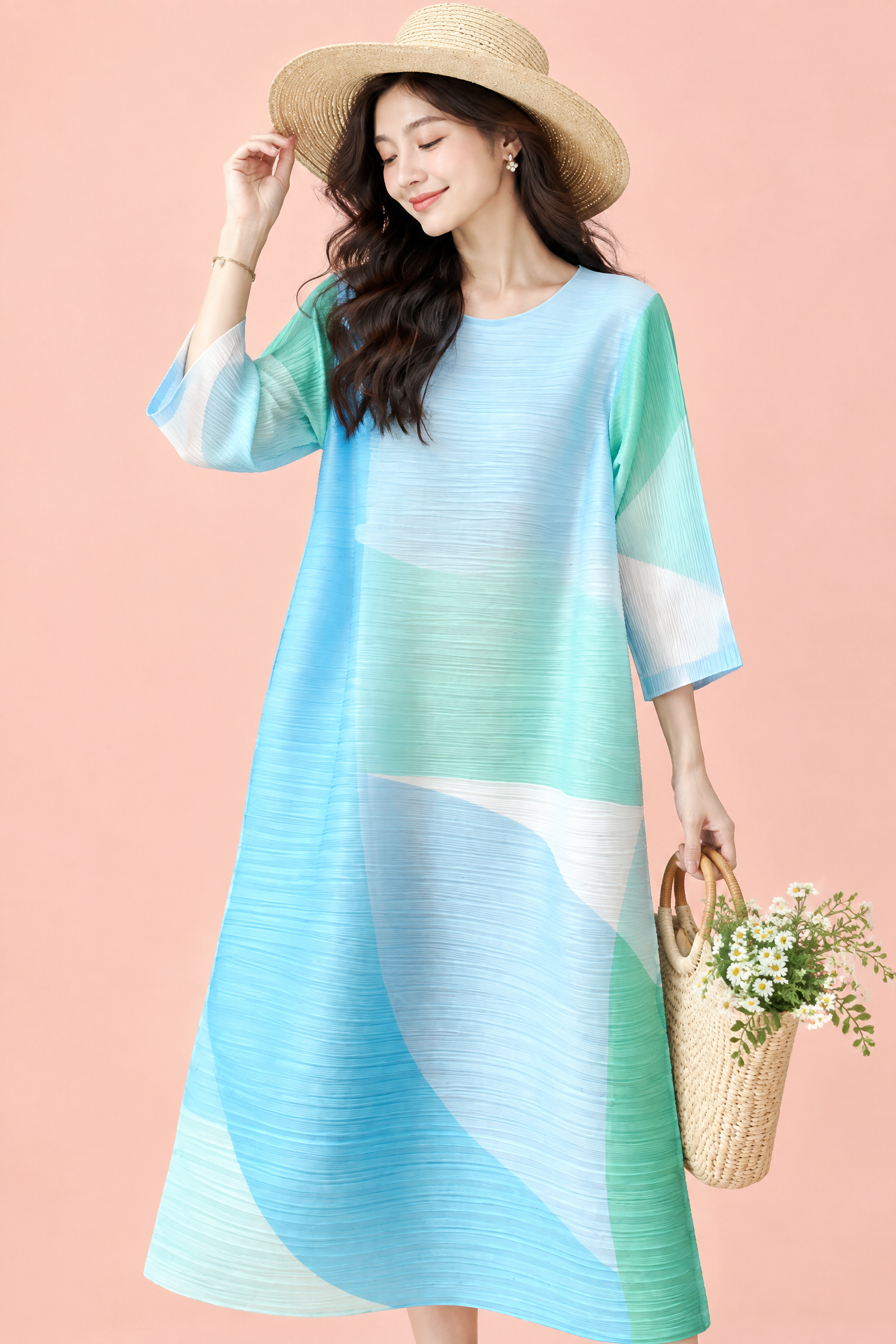 Robe midi trapèze plissée bleue | Vue rapprochée | Lounelle Paris