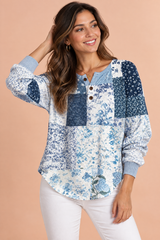 Blue Printed Waffle Top