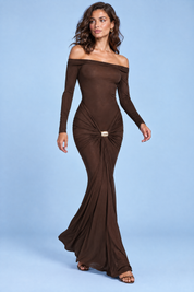 Robe longue marron foncé asymétrique à fronces et drapé | Vue en mouvement | Lounelle Paris