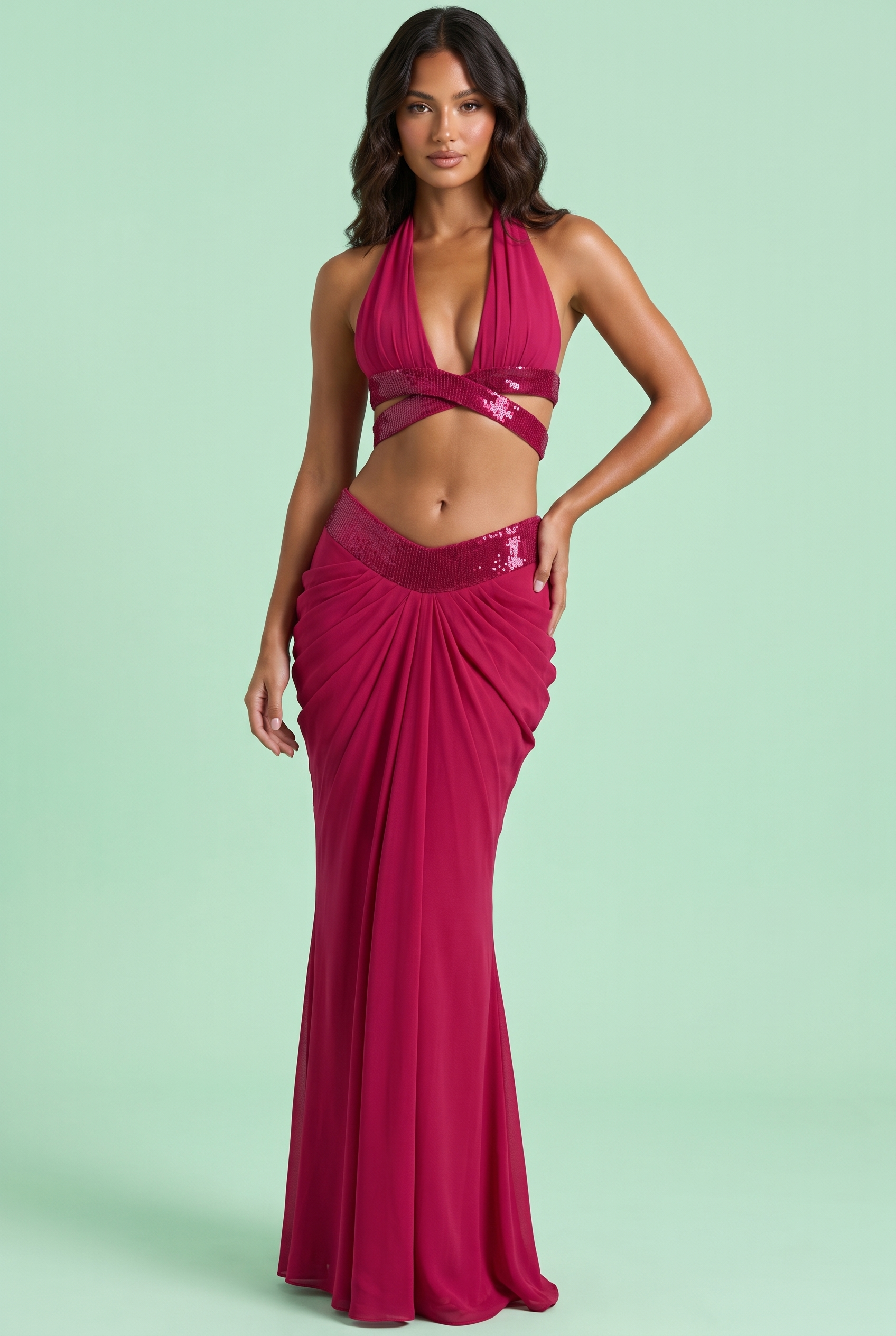 Ensemble magenta à dos nu avec jupe longue drapée | Vue de face | Lounelle Paris
