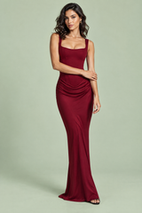 Burgundy Ruched Square-Neck Maxi Dress