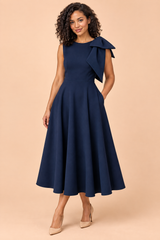 Navy Asymmetric-Neck Midi Dress With Bow-Sleeve