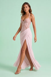 Robe longue rose corsetée à fente | Vue en mouvement | Lounelle Paris