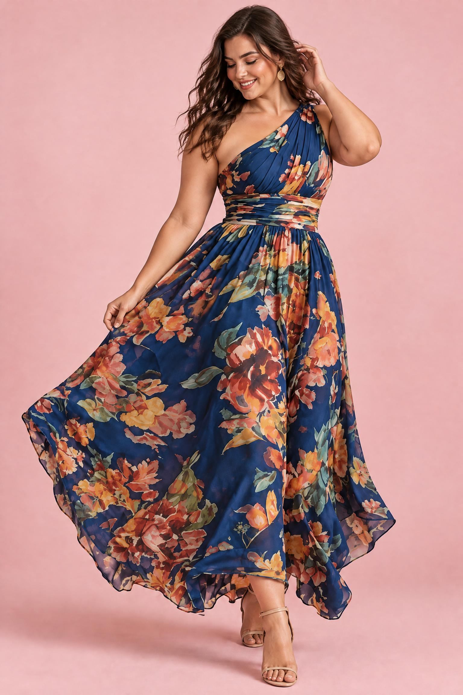 Robe bleue fleurie à une épaule | Porté sur une autre silhouette | Lounelle Paris