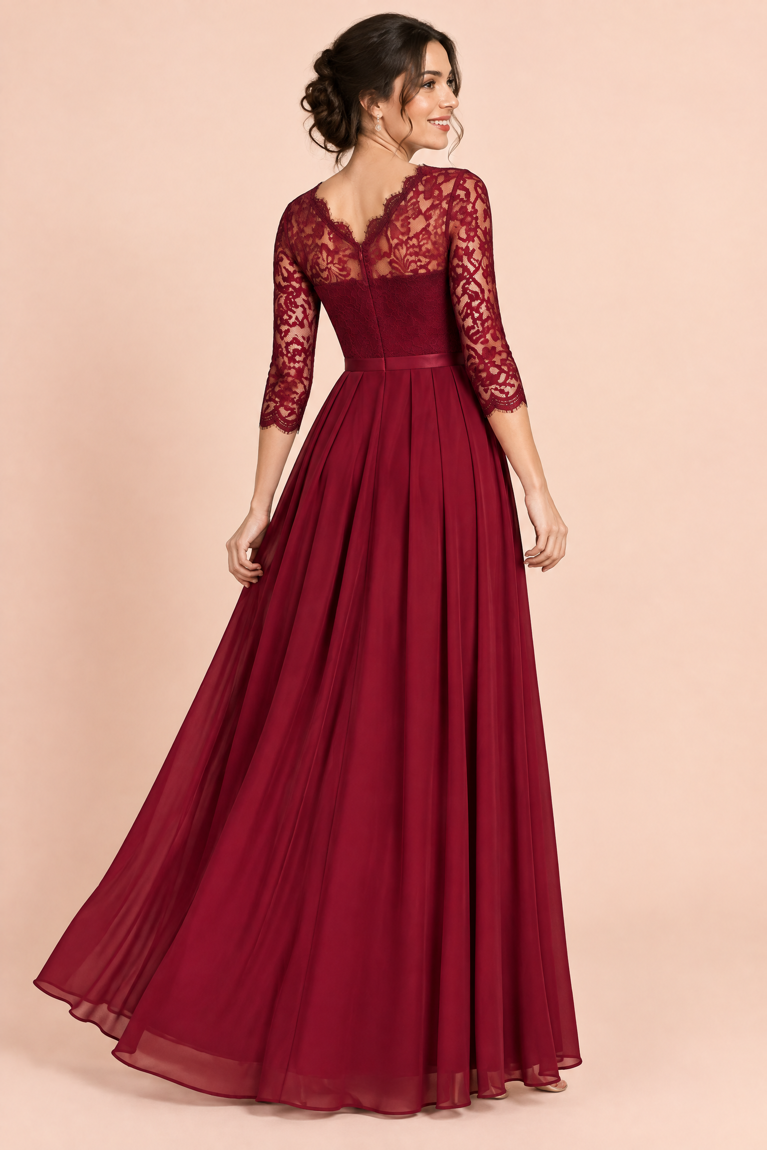 Robe longue bordeaux à empiècement en dentelle | Vue de dos | Lounelle Paris