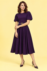 Purple High Neck Midi Dress With Puff Sleeves
