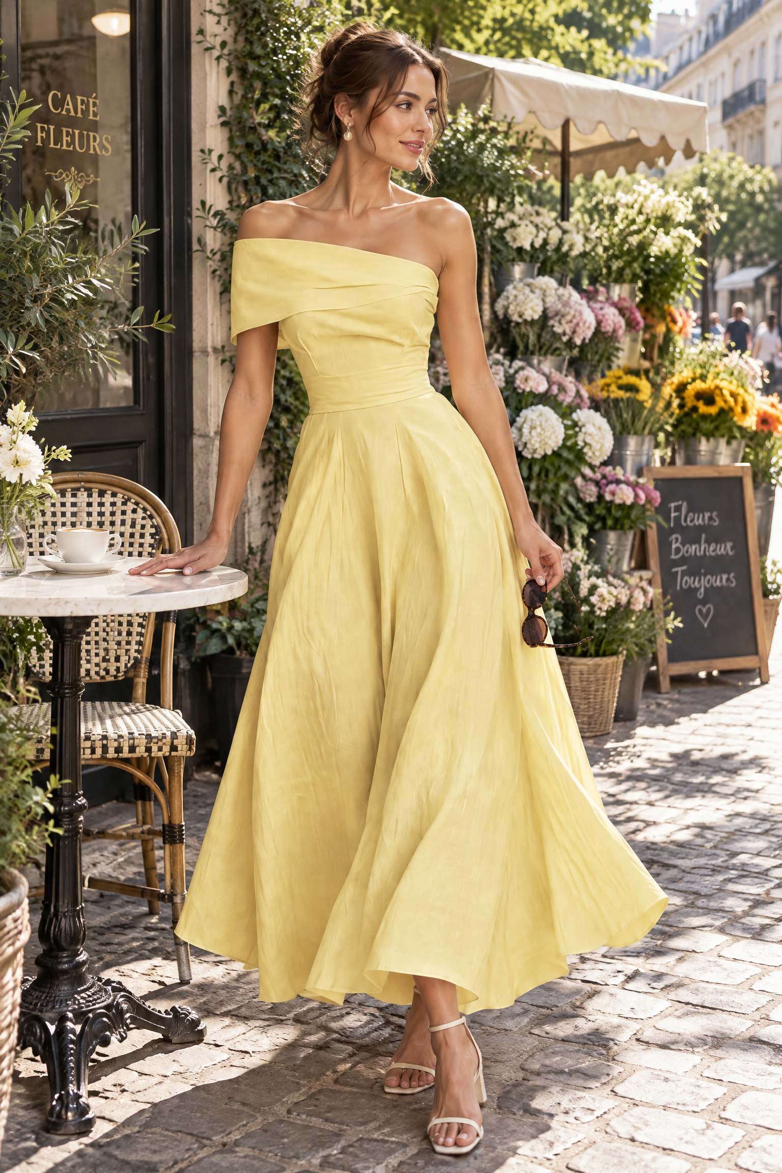 Robe asymétrique jaune à épaules dénudées | Photo lifestyle | Lounelle Paris