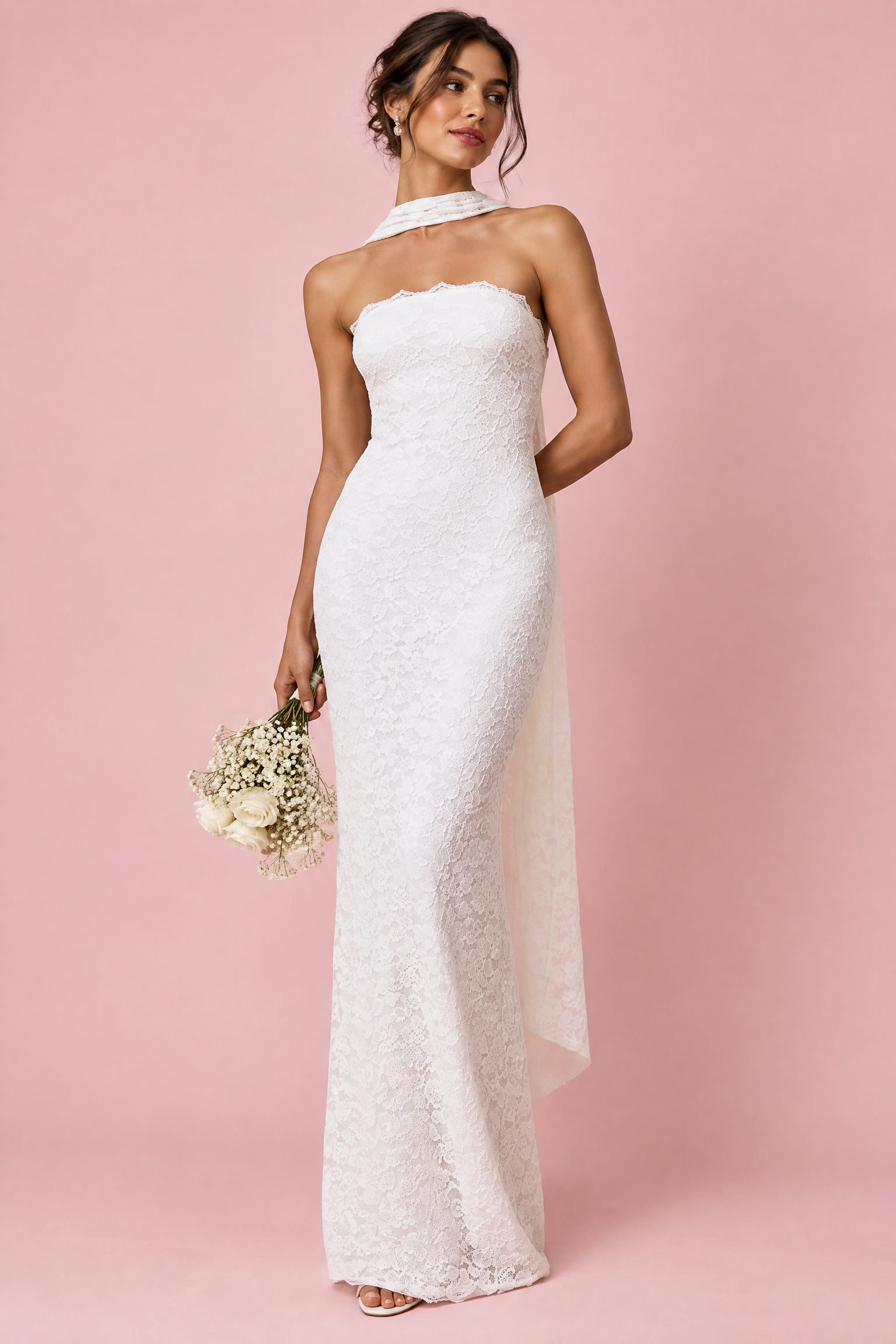 Robe longue moulante blanche en dentelle, bustier avec détail foulard | Vue de face | Lounelle Paris