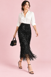 Jupe midi noire à franges et sequins | Vue en mouvement | Lounelle Paris