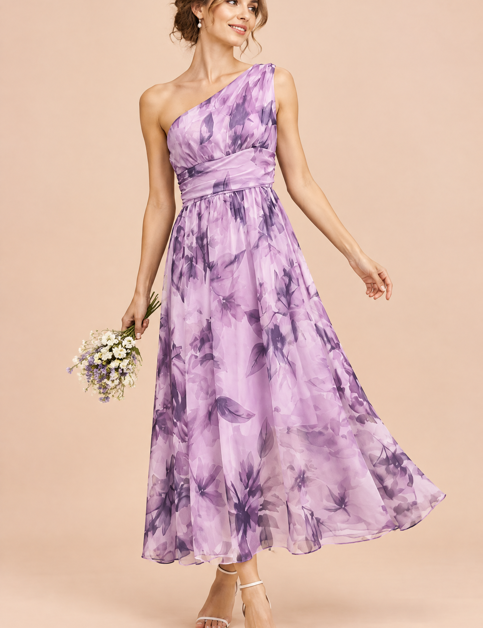 Robe longue fleurie violet clair à une épaule, coupe trapèze | Vue de face | Lounelle Paris