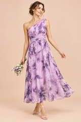 Light Purple Floral One-Shoulder A-Line Maxi Dress