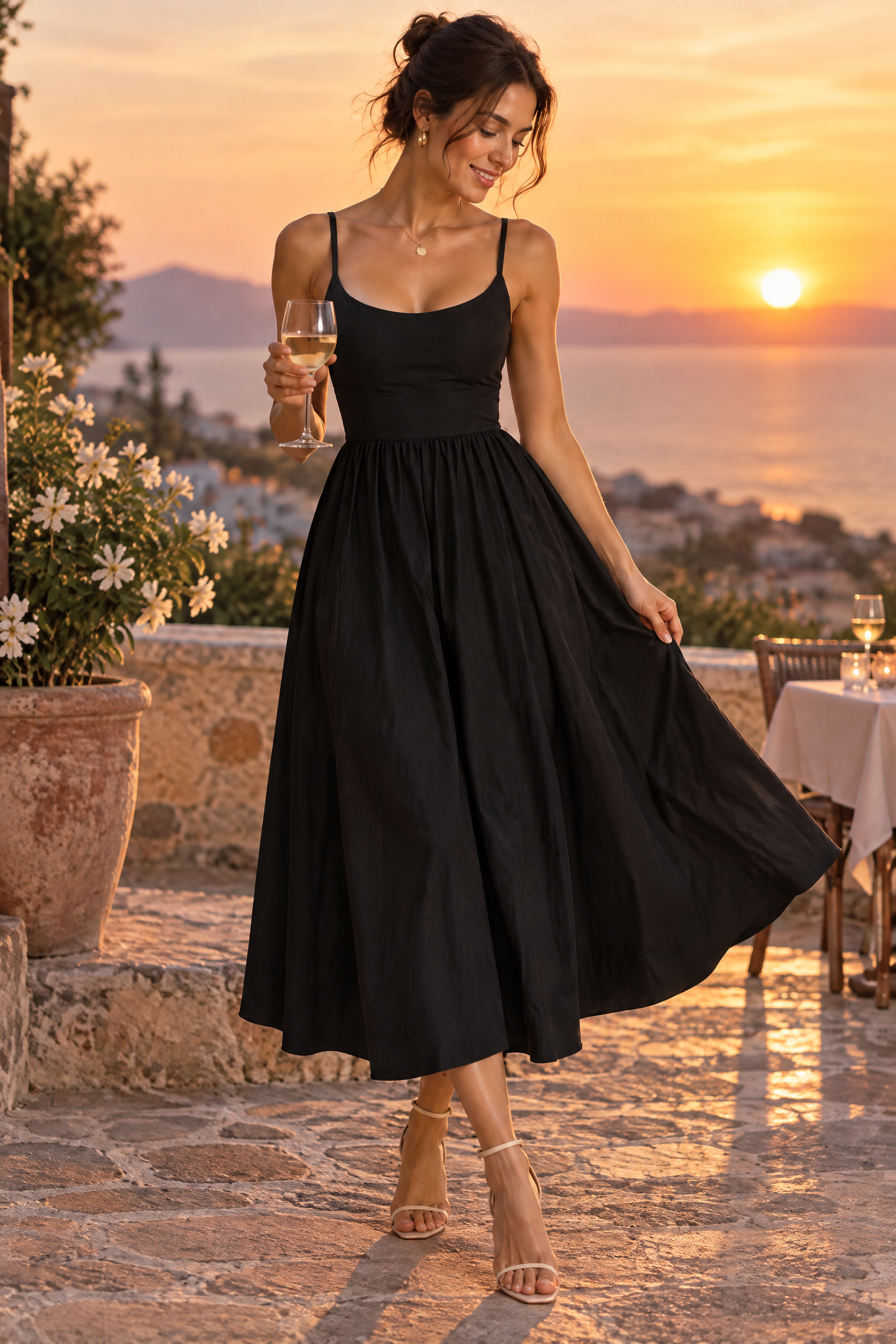 Robe midi noire plissée évasée | Deuxième photo lifestyle | Lounelle Paris