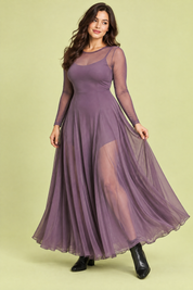 Robe longue violette à empiècements en mesh | Porté sur une autre silhouette | Lounelle Paris