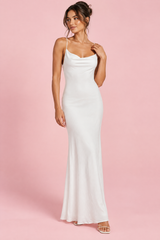 White Cowl Neck Backless Maxi Dress With Lace Insert