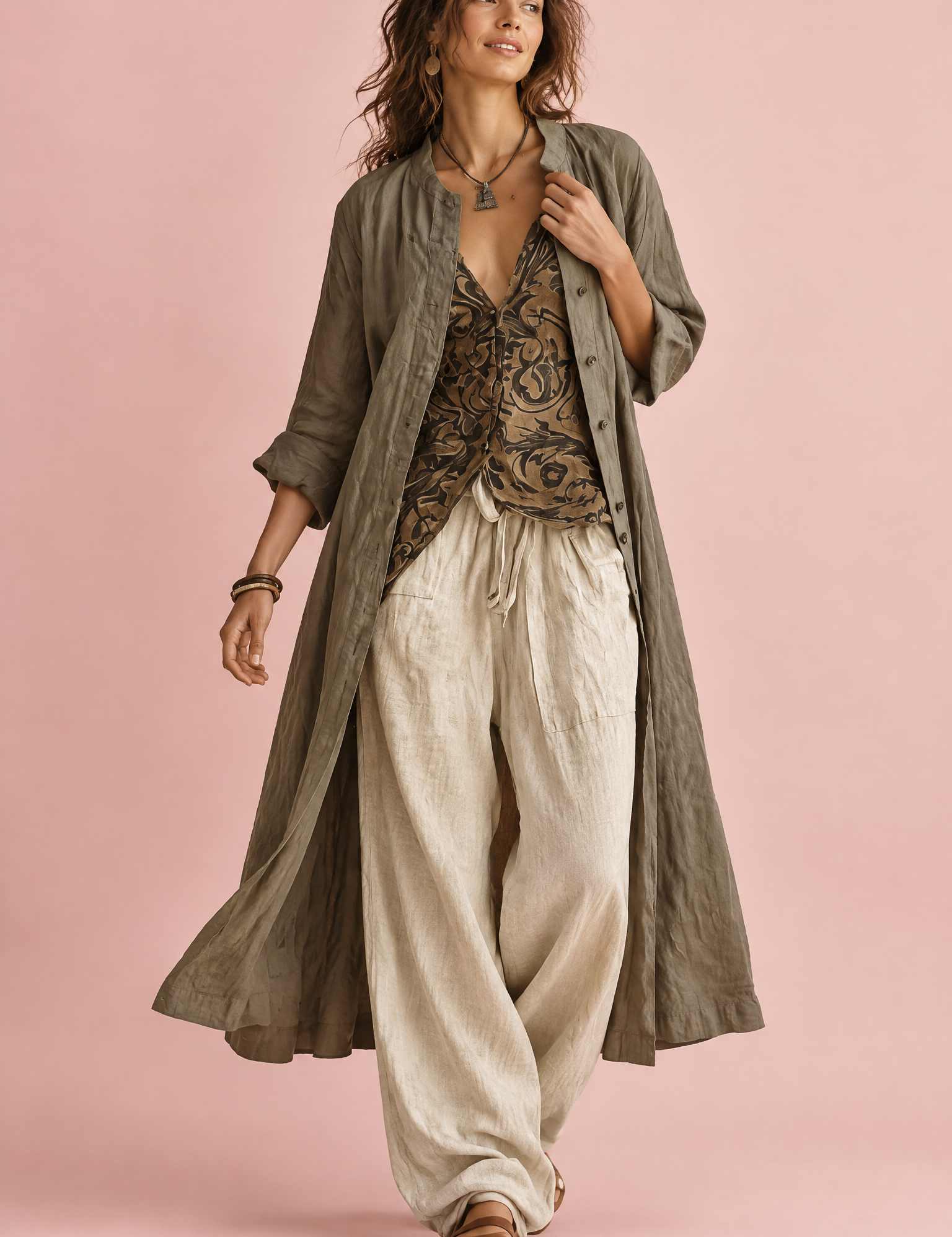 Ensemble olive rayé fluide | Vue de face | Lounelle Paris