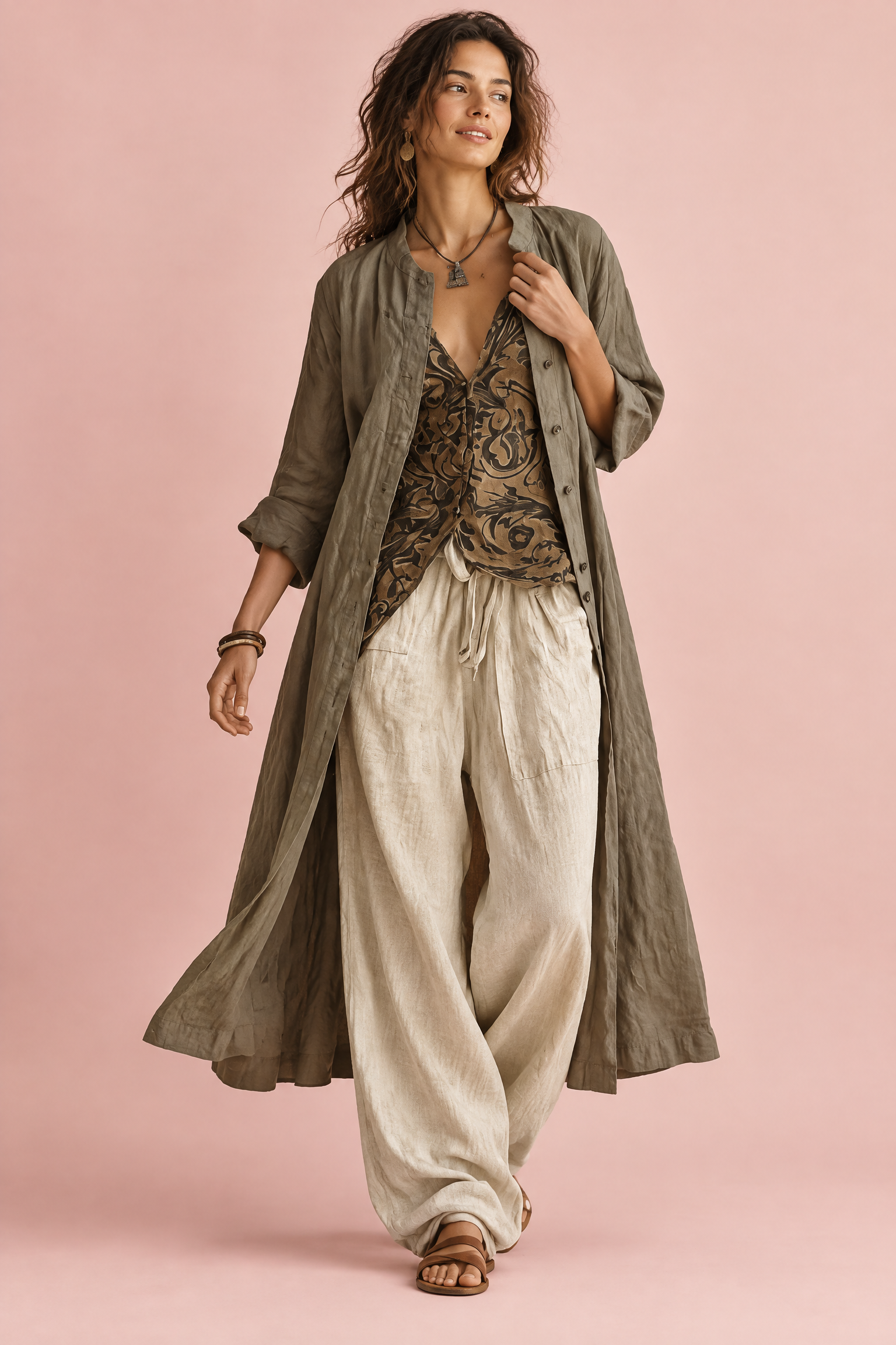 Ensemble olive rayé fluide | Vue de face | Lounelle Paris