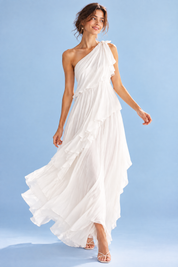 Robe blanche asymétrique à volants | Vue en mouvement | Lounelle Paris