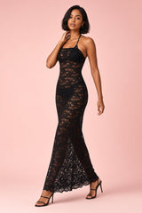 Black Lace Bandeau Maxi Dress With Scarf-Detail
