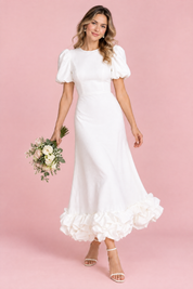 Robe longue blanche à manches bouffantes et volant | Vue en mouvement | Lounelle Paris