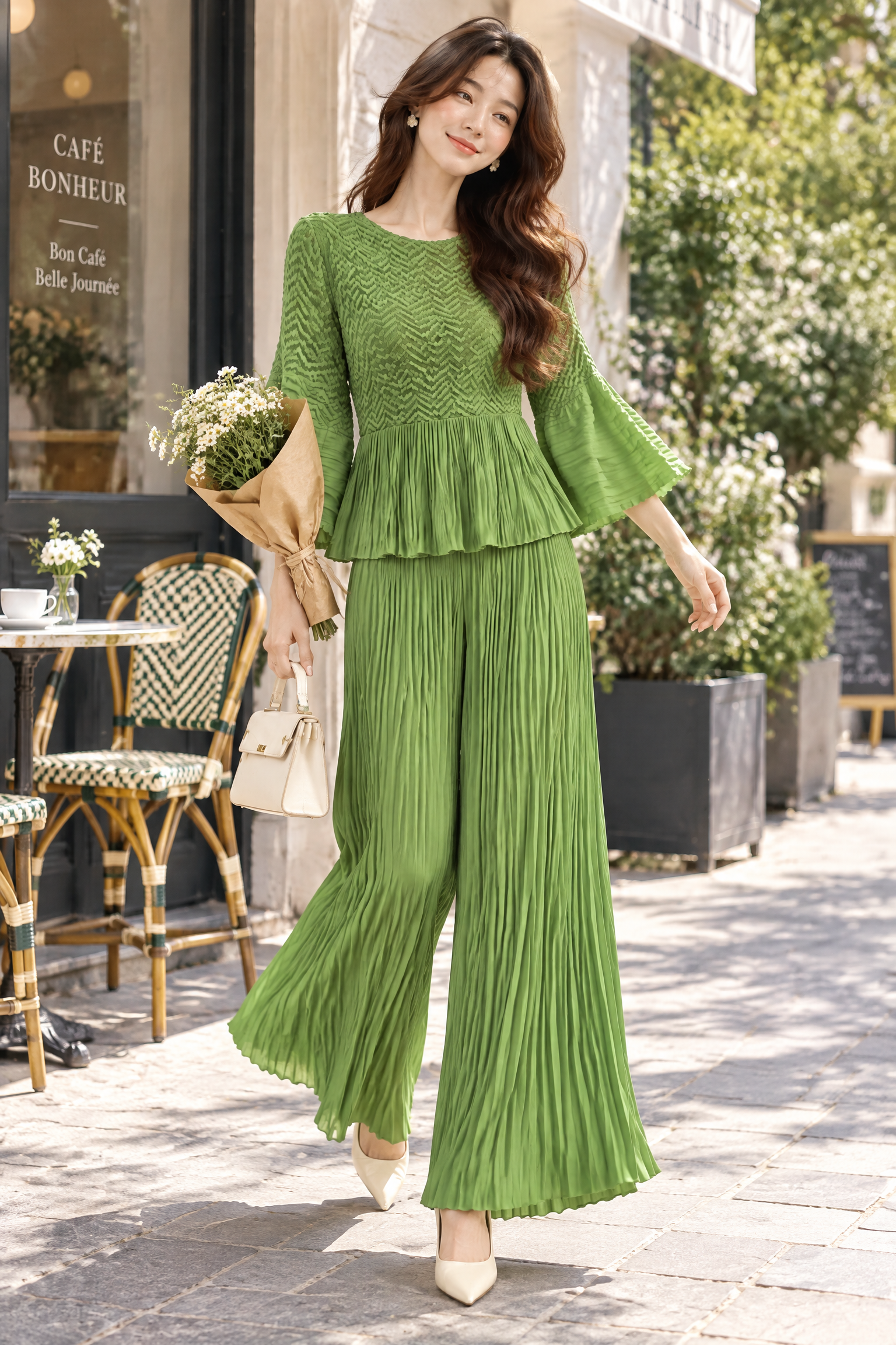 Ensemble plissé vert avec pantalon large | Photo lifestyle | Lounelle Paris