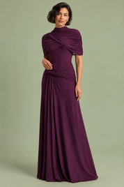 Robe longue violette à col montant et manches courtes façon cape | Vue de face | Lounelle Paris
