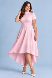 Robe midi asymétrique à col montant rose | Porté sur une autre silhouette | Lounelle Paris