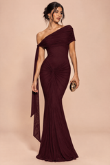 Burgundy One-Shoulder Ruched Maxi Dress