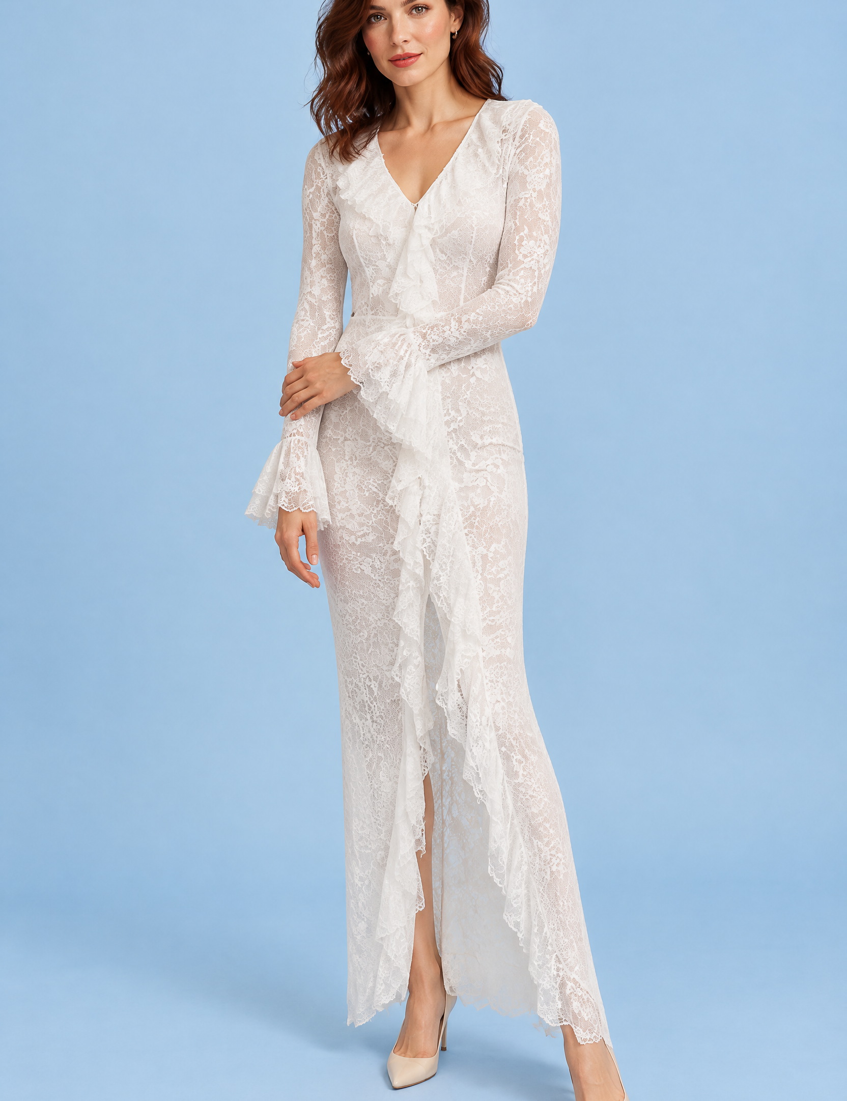Robe longue blanche à volants | Vue de face | Lounelle Paris