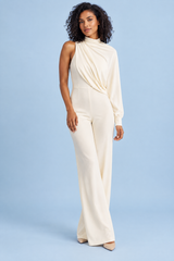 Off White High-Neck Jumpsuit With One Long-Sleeve