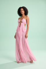 Pink Halter Cut-Out Mesh Maxi Dress