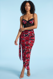 Robe longue en mesh à imprimé léopard, décolleté en V et fente haute devant — Rouge | Vue de face | Lounelle Paris