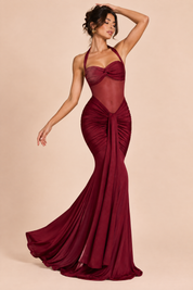 Robe longue bordeaux froncée à encolure dos nu | Vue en mouvement | Lounelle Paris