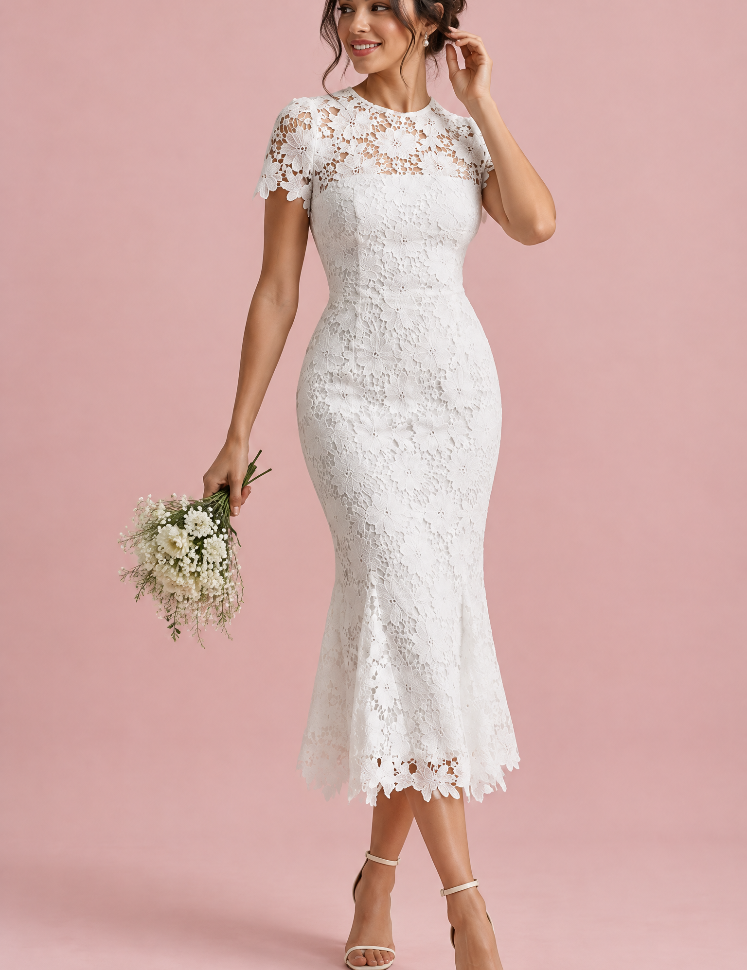 Robe midi blanche en dentelle à manches courtes | Vue de face | Lounelle Paris