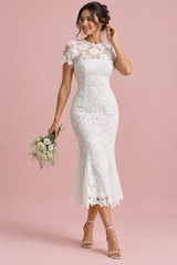 White Lace Short-Sleeve Midi Dress
