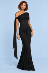 Black One-Shoulder Ruched Maxi Dress
