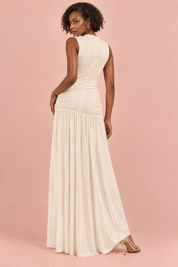 Robe longue blanc cassé à col montant et détails froncés | Vue de dos | Lounelle Paris